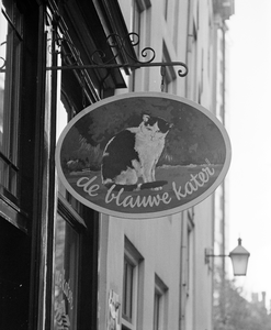 885079 Afbeelding van het uithangbord 'de blauwe kater' aan de voorgevel van het pand Kintgenshaven 1 ...